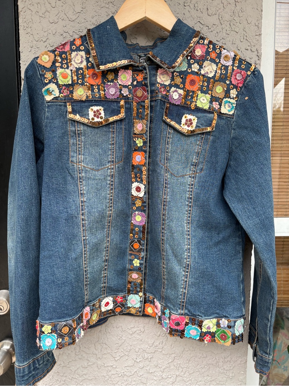 Berek  Denim Jacket with Colorful Embroidered Patchwork Trim